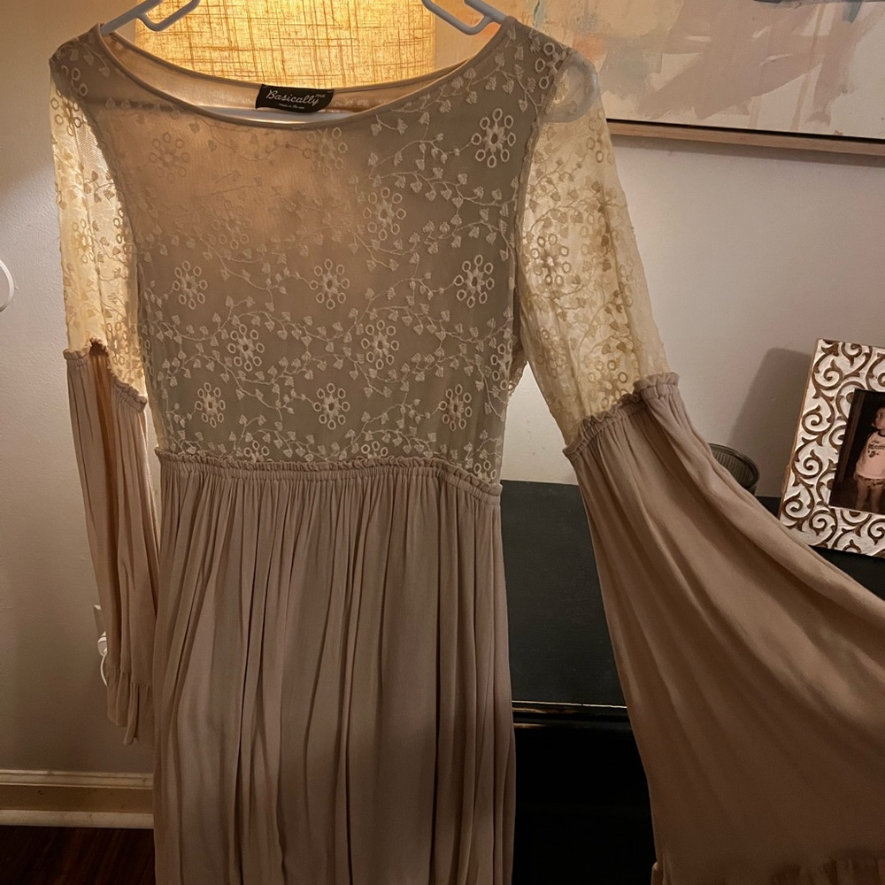 Creamy Beige Pleated Bell Sleeve Boutique Dress